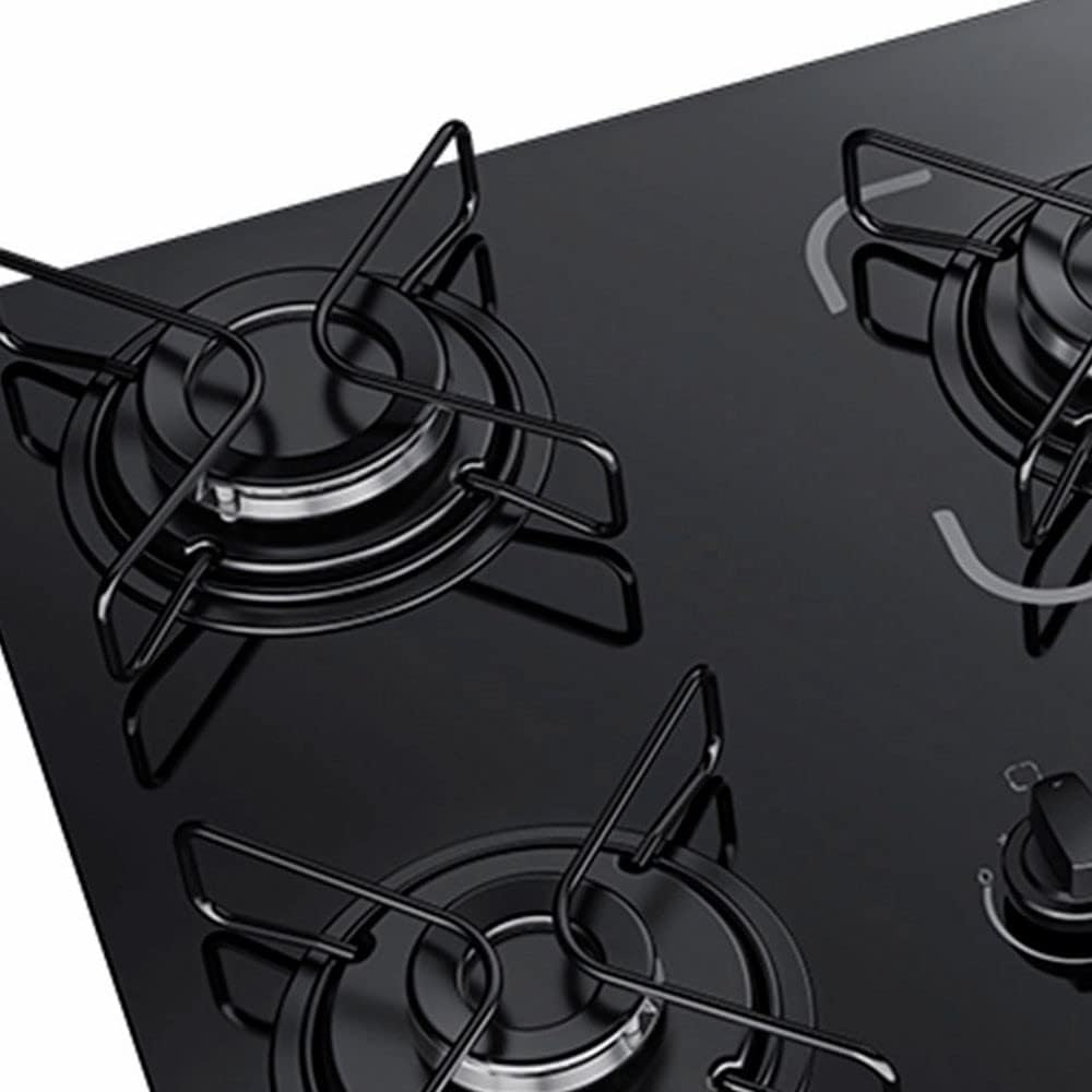 Vista lateral cooktop Essencial 5 bocas preto vidro temperado com grades metálicas pretas