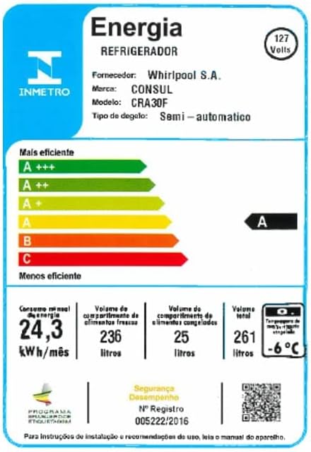 Etiqueta INMETRO eficiência energética Classe A refrigerador Consul 261L 127V