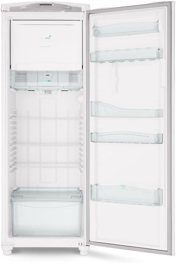 Interior da geladeira Consul Frost Free 342 litros com porta aberta mostrando prateleiras, freezer e gavetão Hortifruti