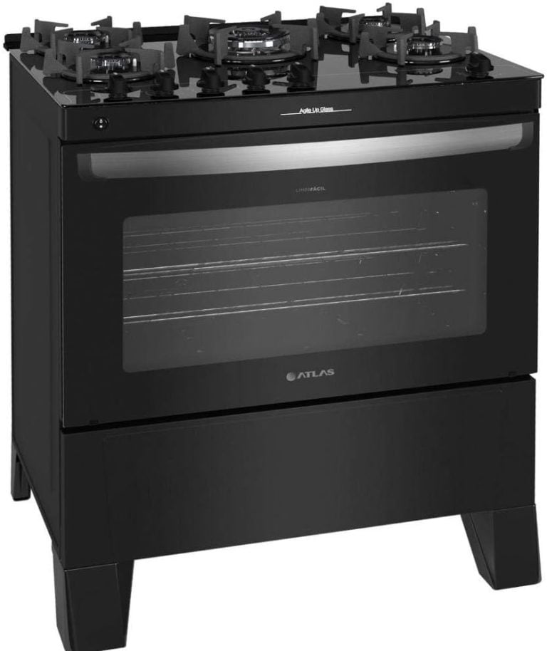 Fogão 5 bocas Atlas Agile Up preto com mesa de vidro e forno grande