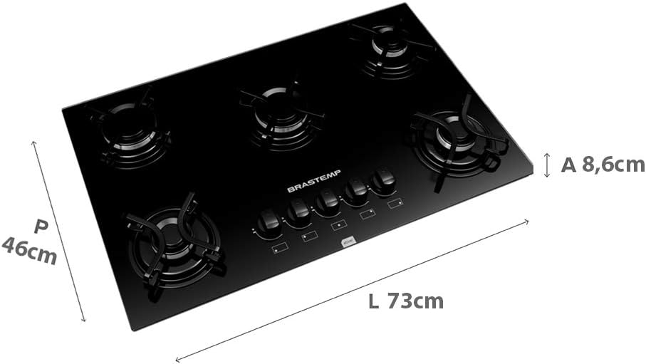 Dimensões do cooktop Brastemp 5 bocas preto com grades piatina