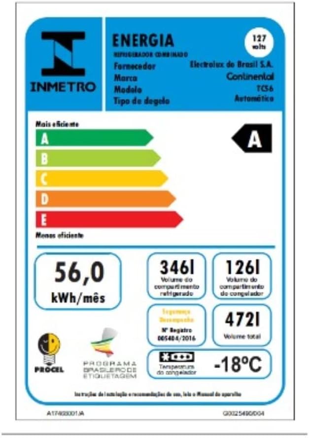Etiqueta de eficiência energética Inmetro classe A para refrigerador Continental 472L.