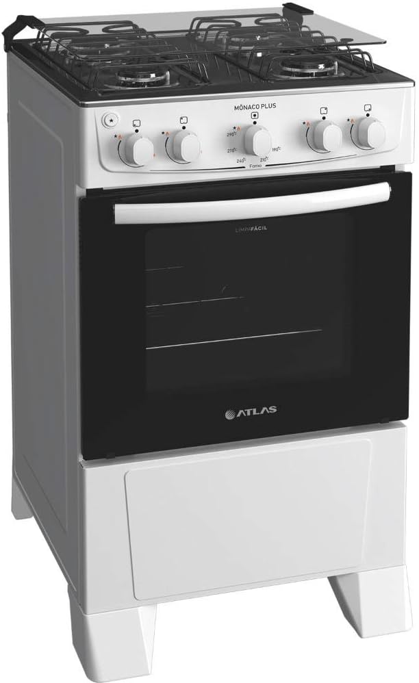 Fogão 4 bocas Atlas Mônaco Plus branco com mesa inox e forno com porta preta