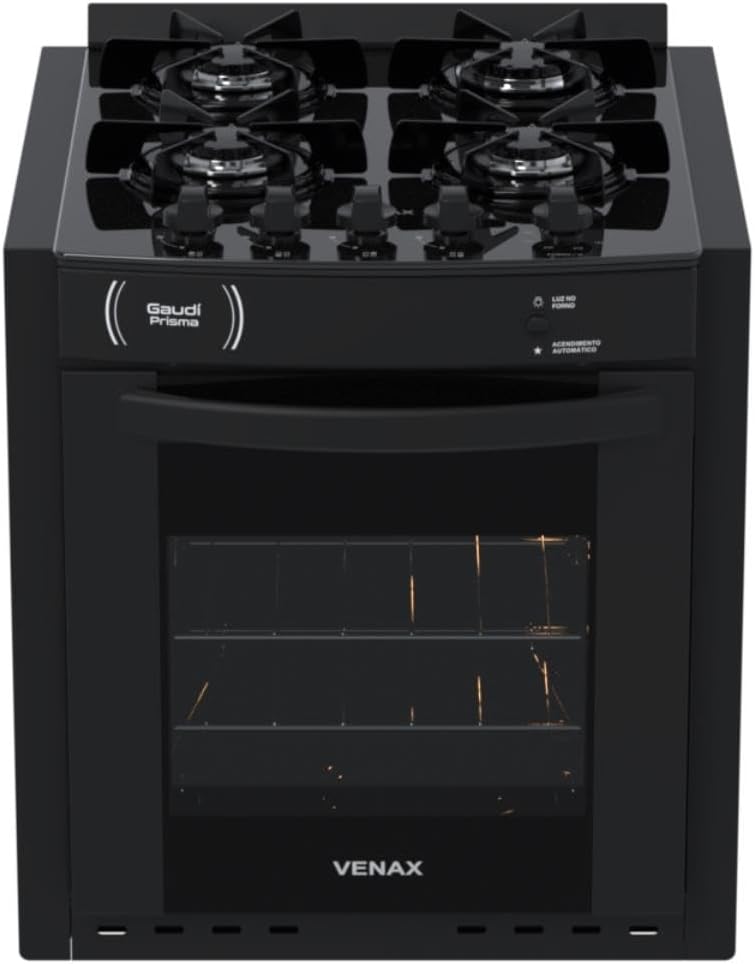 Fogão de embutir preto Gaudi Prisma Vitreo BL 4 bocas com forno e superfície de vidro