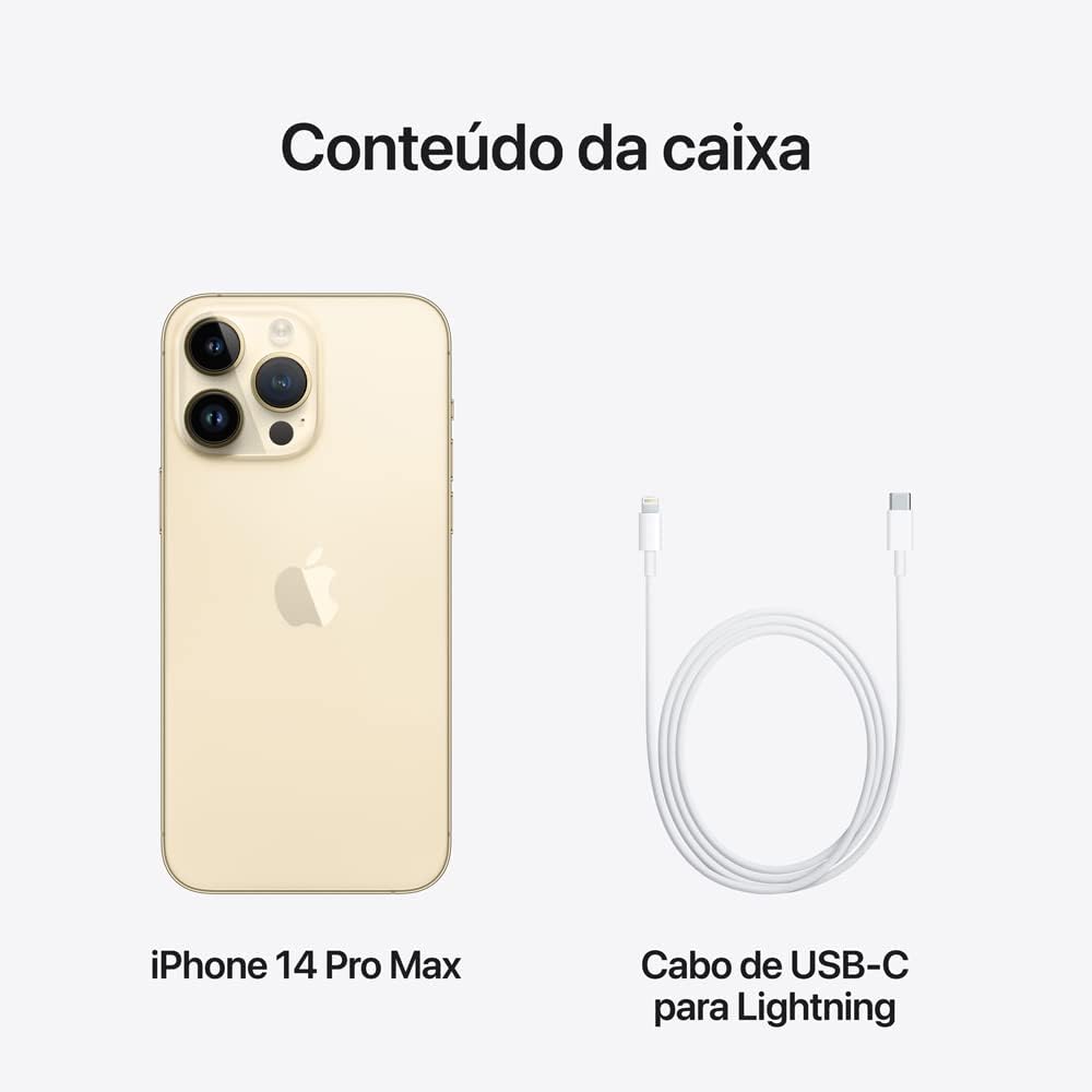 Conteúdo da caixa do iPhone 14 Pro Max: celular dourado e cabo USB-C para Lightning.