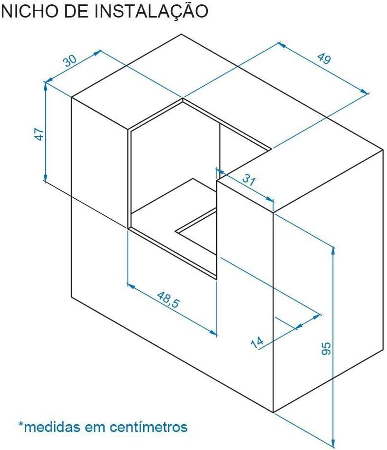 Diagrama do nicho de instalação para fogão a gás Mini Cook 2Q com medidas em centímetros