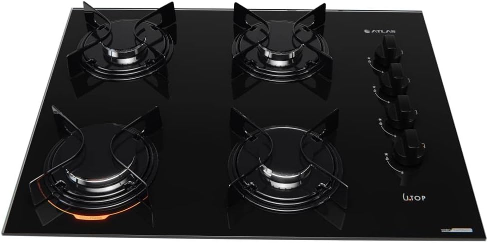 Cooktop 4 bocas vidro preto Atlas U Top com botões laterais
