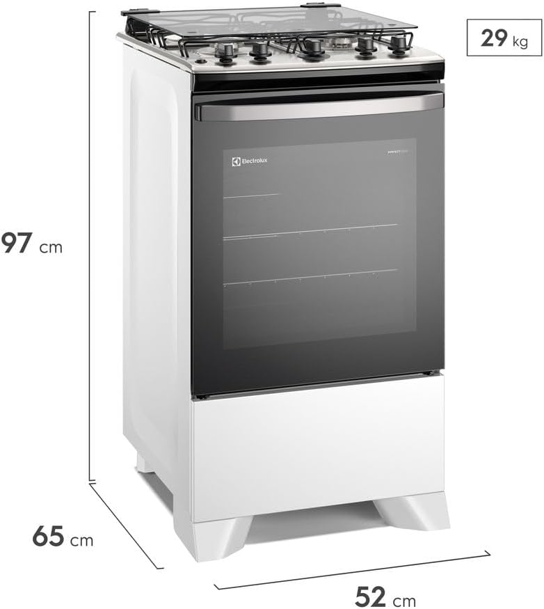Dimensões do Fogão Electrolux 4 bocas Efficient branco 97x52x65 cm peso 29 kg