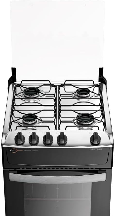 Fogão 4 bocas preto com mesa inox vista superior vidro protetor aberto Atlas Atenas