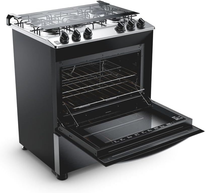 Fogão Brastemp inox 5 bocas com forno aberto porta transparente vista lateral