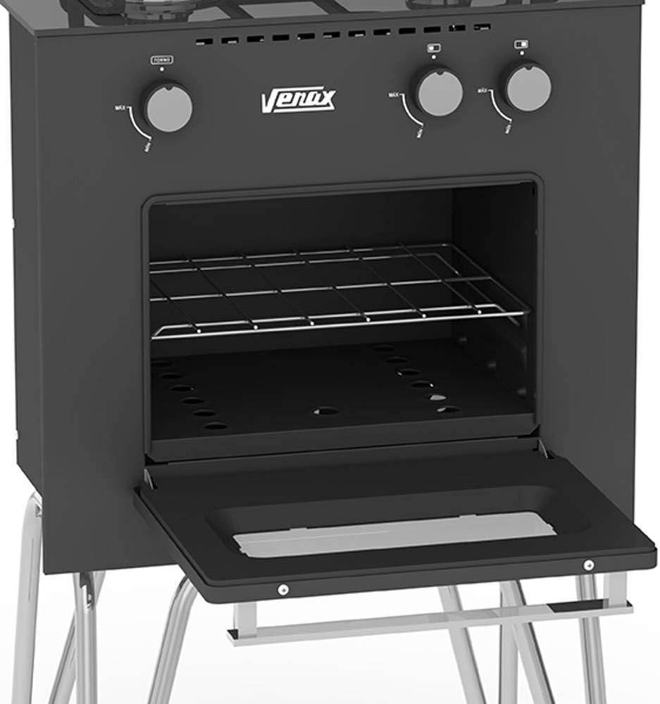 Fogão a gás Mini Cook 2Q preto fosco com forno aberto mostrando interior com grade