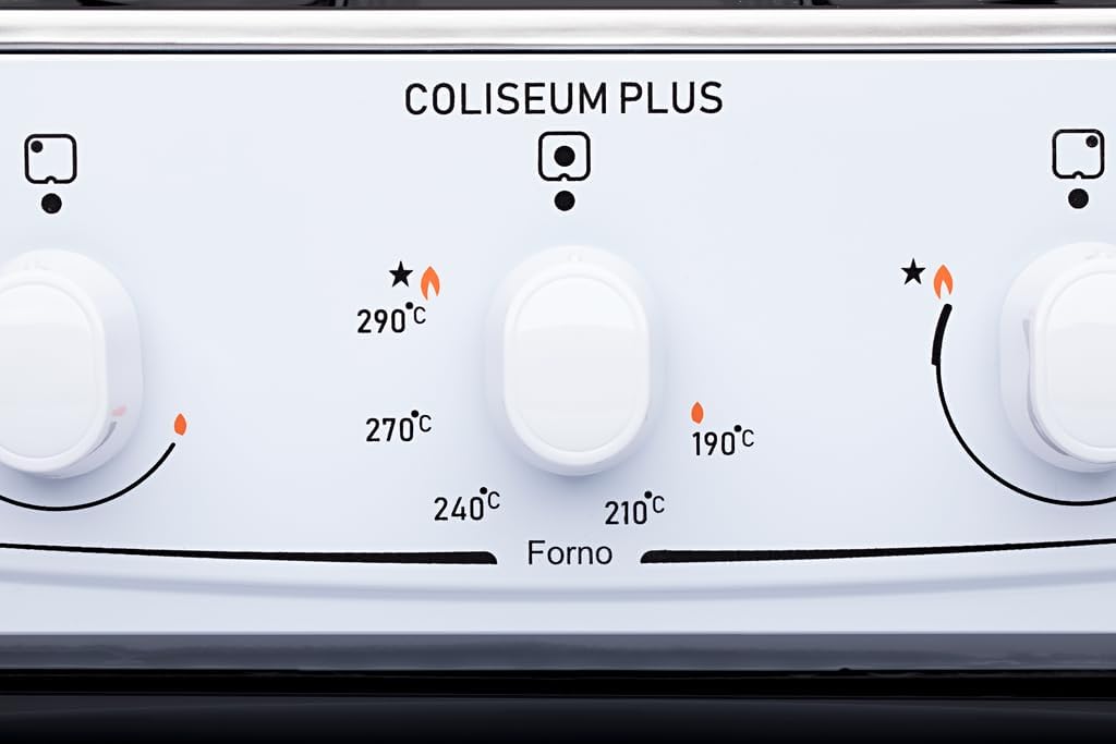 Painel de controle do fogão Atlas Coliseum Plus com botões e marcações de temperatura do forno