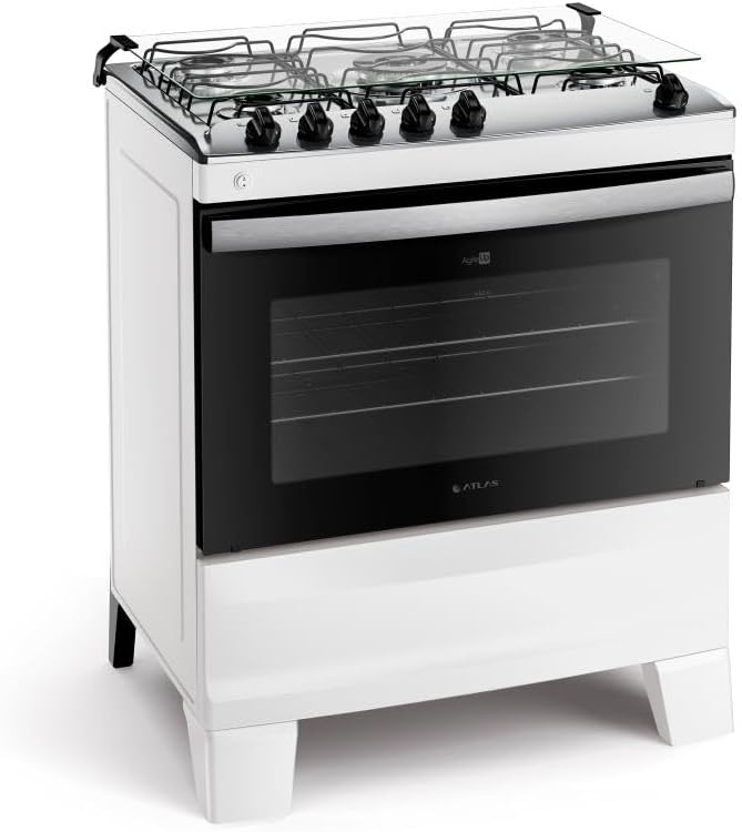 Fogão 5 bocas branco com mesa inox Atlas Agile Up visto em ângulo 3/4