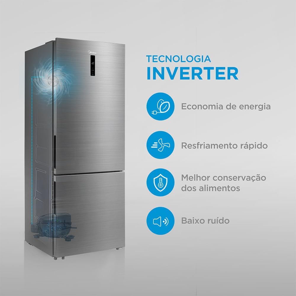 Tecnologia Inverter da geladeira Midea Inverse Frost Free 416L Inverter inox