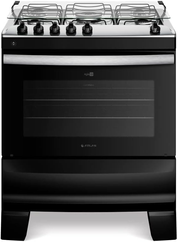 Fogão 5 bocas preto com mesa inox Atlas Agile Up vista frontal