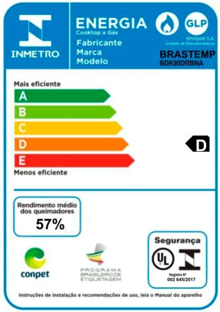 Etiqueta Inmetro eficiência energética D para cooktop Brastemp BDK50DRBNA gás GLP