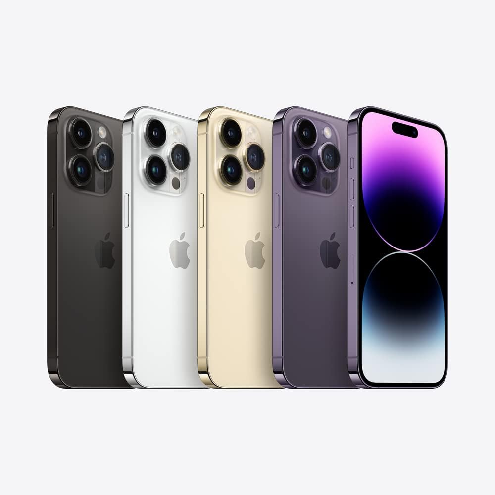 Linha de iPhones 14 Pro em várias cores incluindo roxo-profundo