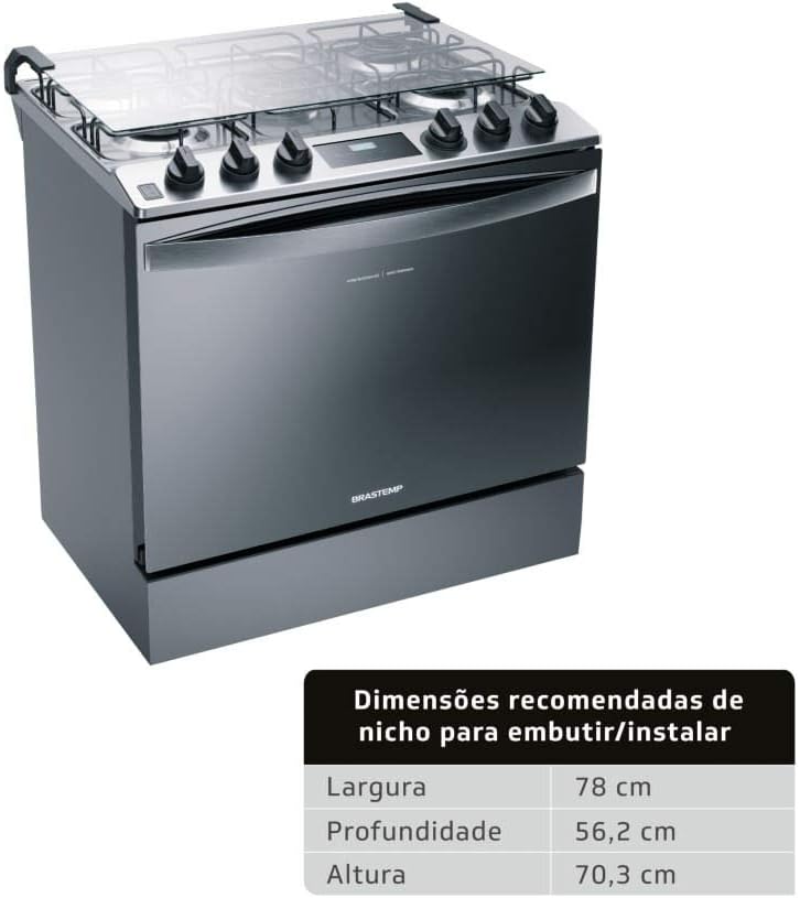 Fogão Brastemp 5 bocas inox embutir com dimensões recomendadas nicho largura 78 cm profundidade 56,2 cm altura 70,3 cm