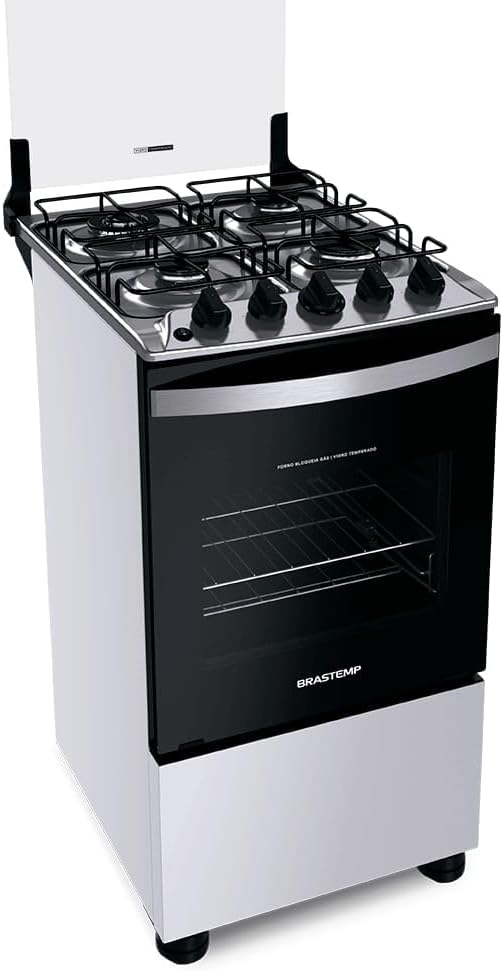Fogão Brastemp 4 bocas branco com grades individuais e forno de vidro preto
