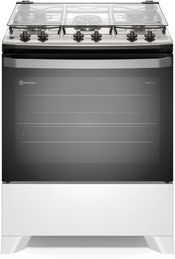 Fogão Electrolux 5 bocas branco com forno de vidro e tampa de vidro superior.