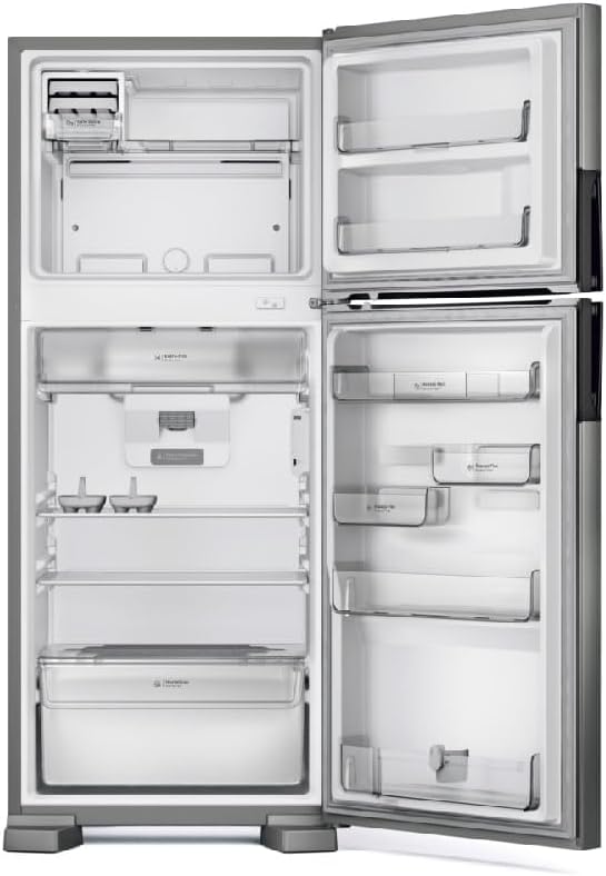 Interior do Refrigerador Consul Frost Free Duplex inox 451 litros com portas abertas exibindo prateleiras e gaveta