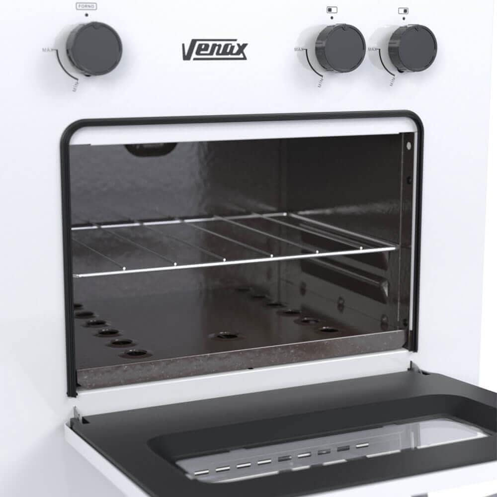 Interior do forno do fogão Venax Mini Cook 2Q com porta aberta e controles visíveis.