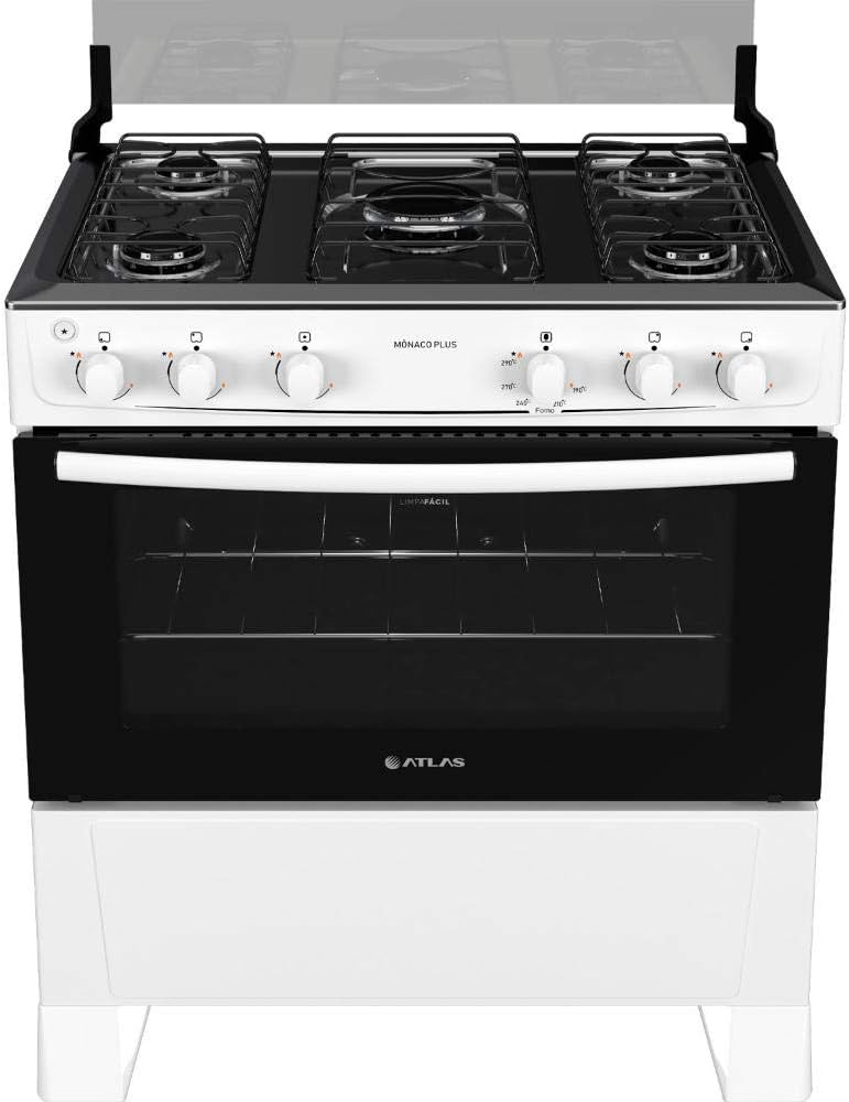 Fogão Atlas Mônaco Plus 5 bocas branco com mesa inox e tampa vidro aberta vista frontal