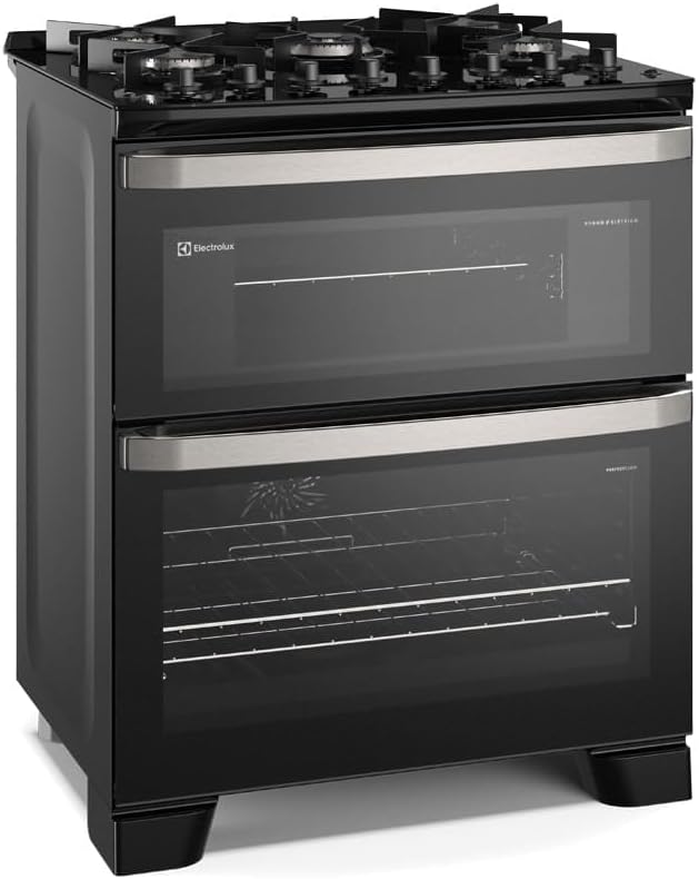 Fogão Electrolux 5 bocas preto vista lateral com forno de vidro