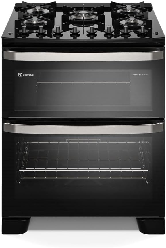 Fogão Electrolux 5 bocas preto com forno de vidro e botões frontais
