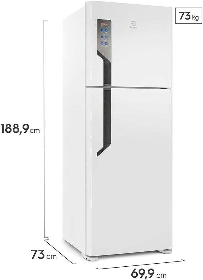 Geladeira branca top freezer Electrolux com painel digital e medidas