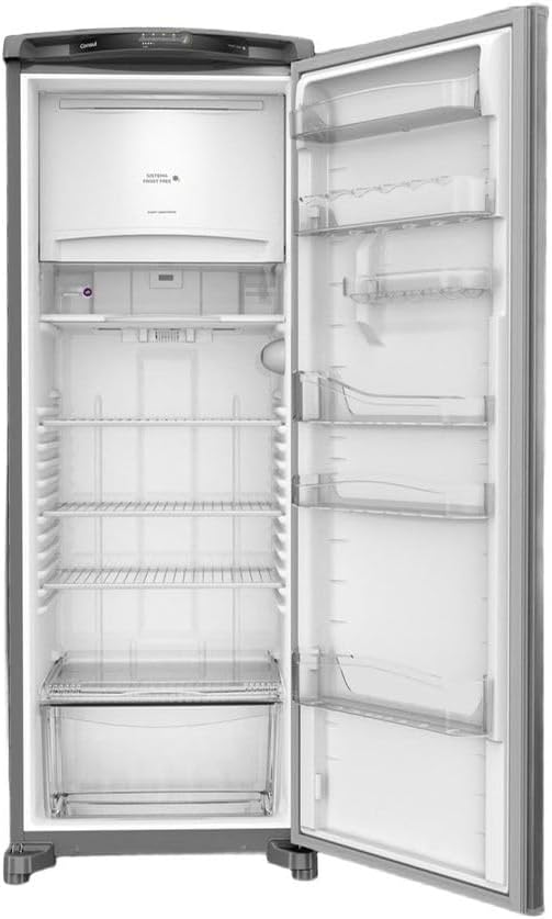 Interior da geladeira Consul Frost Free 342 litros inox com porta aberta