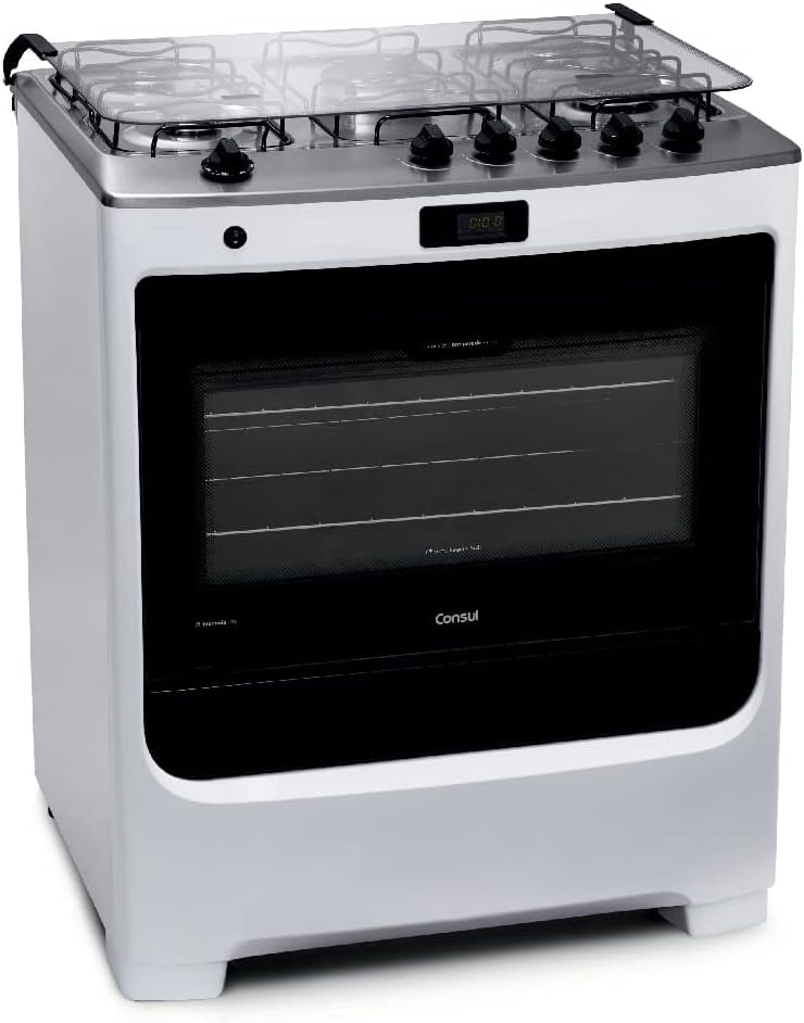 Fogão Consul 5 bocas branco vista lateral com forno e painel digital