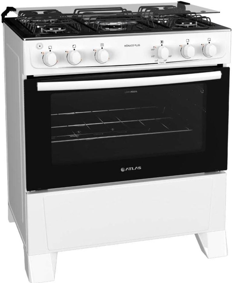 Fogão Atlas Mônaco Plus 5 bocas branco com mesa inox e acendimento automático vista frontal esquerda