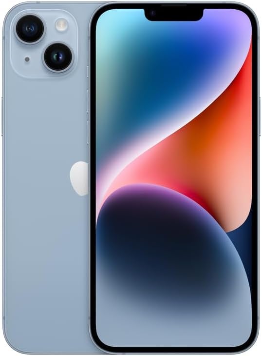 Apple iPhone 14 Plus azul vista frontal e traseira com tela ativa colorida
