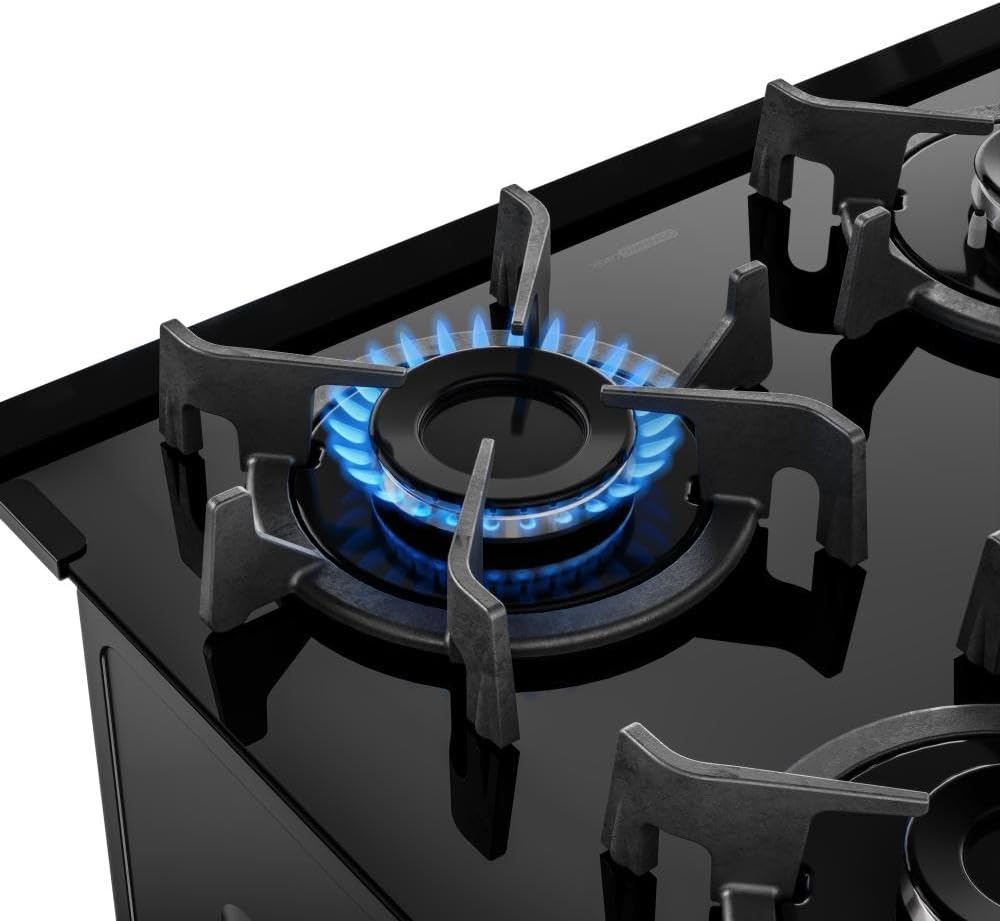 Boca do fogão preto Atlas Agile Up 4 bocas com chama azul acesa