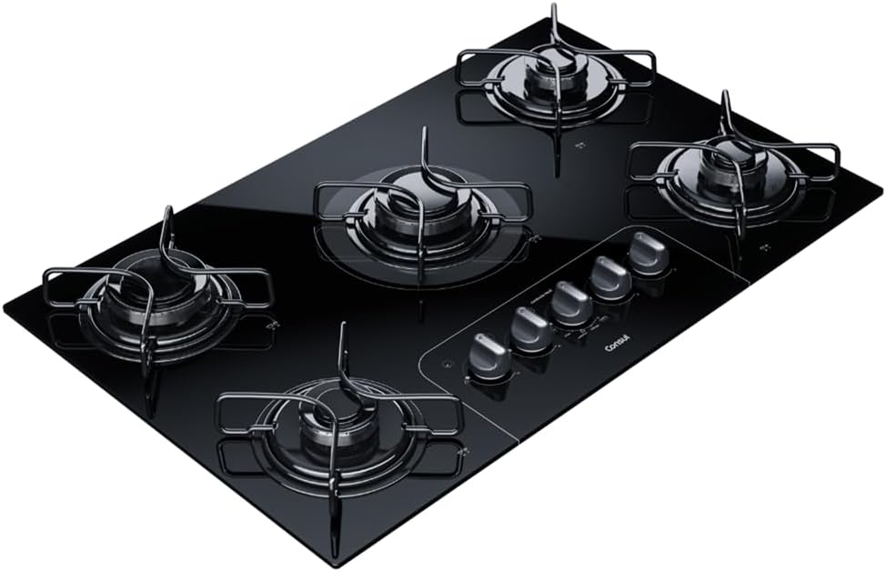 Cooktop 5 bocas Consul vidro preto com botões frontais e grades individuais