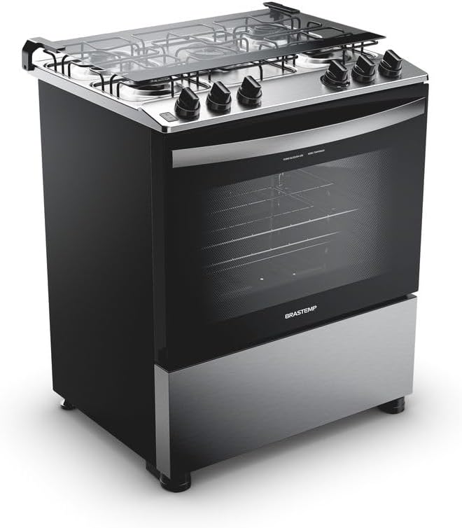 Fogão Brastemp inox 5 bocas vista lateral com forno e botões à esquerda