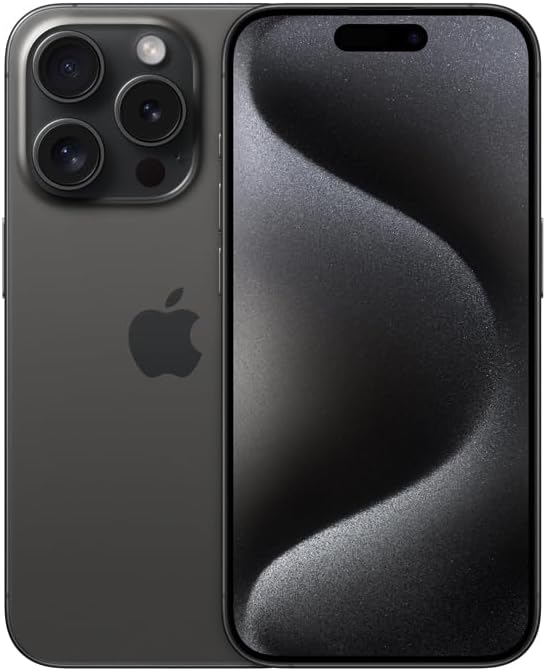 Apple iPhone 15 Pro em titânio preto frontal e traseiro com câmeras triplas