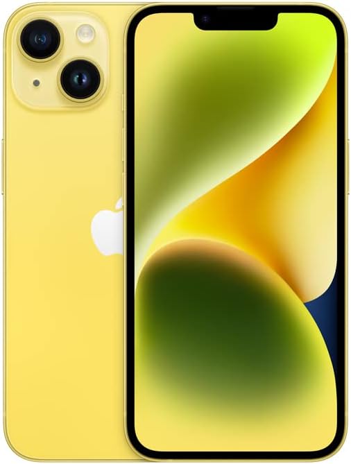 Apple iPhone 14 amarelo 512GB vista frontal e traseira com tela ligada