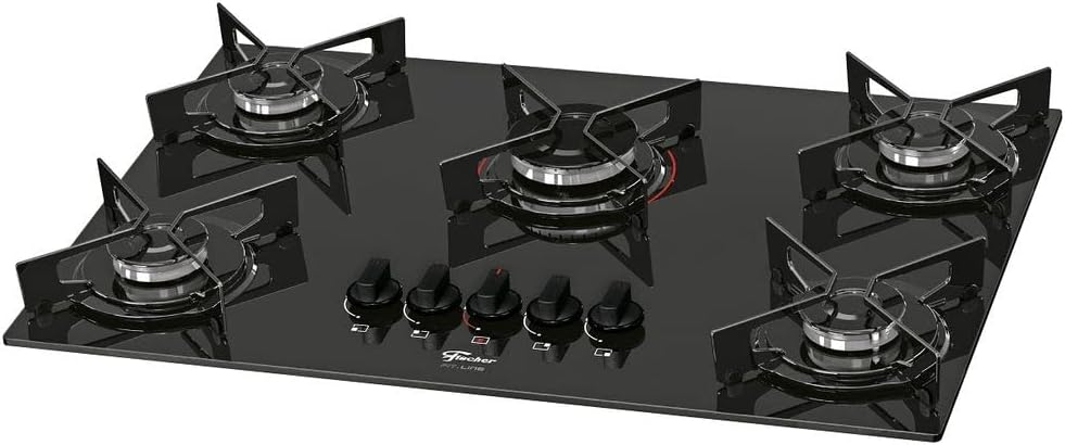 Cooktop Fischer 5 bocas mesa vidro preto com botões frontais vista angular