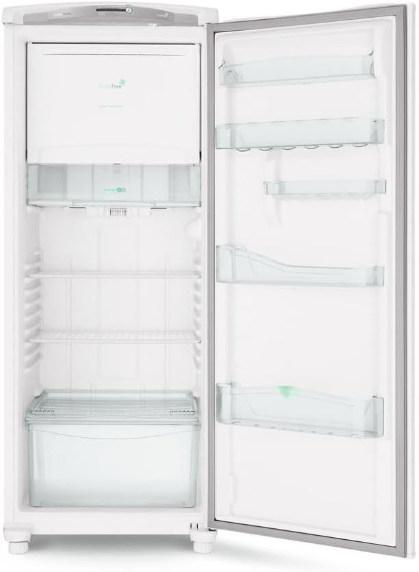 Interior do refrigerador Consul Frost Free 300 litros branco com porta aberta e prateleiras vazias