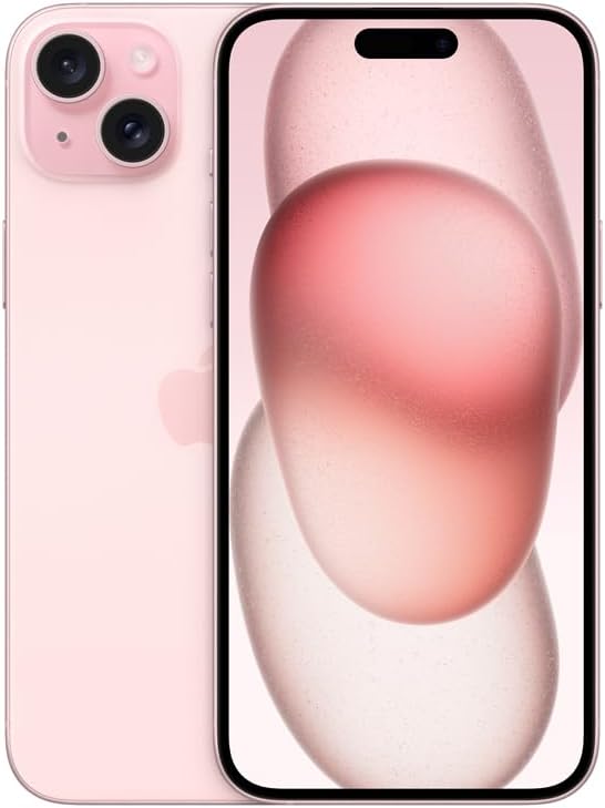 Apple iPhone 15 Plus rosa vista frontal e traseira com tela ligada.