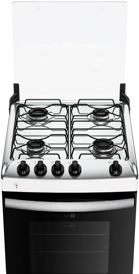 Vista superior do fogão 4 bocas branco com mesa inox Atlas Agile Up bivolt