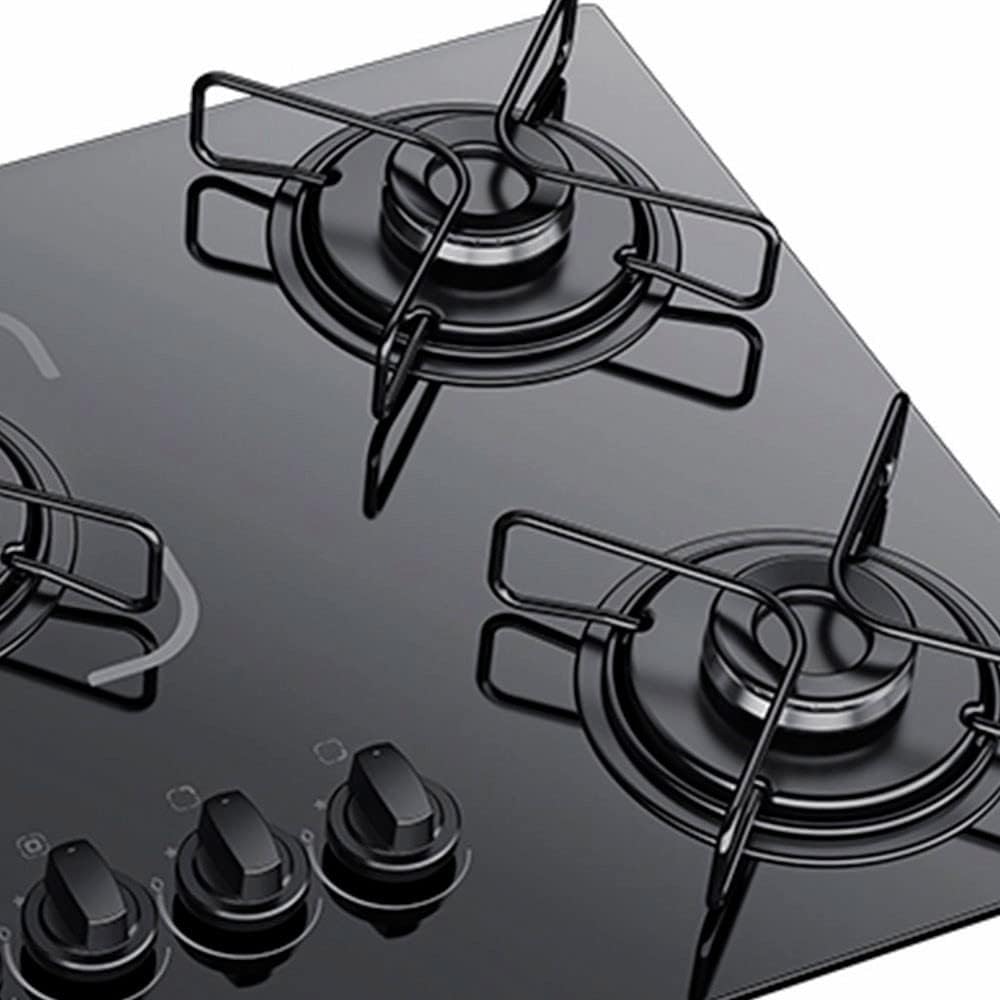 Close lateral das bocas e botões do cooktop Essencial 5 bocas preto vidro temperado