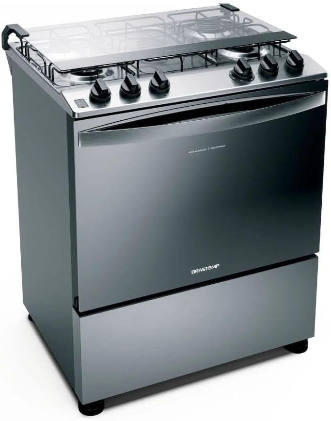 Fogão Brastemp 5 bocas inox com tampo de vidro e botões removíveis, vista lateral direita