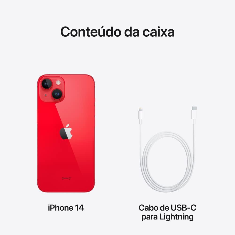 Conteúdo da caixa do iPhone 14 (PRODUCT) RED incluindo o aparelho e cabo USB-C para Lightning.