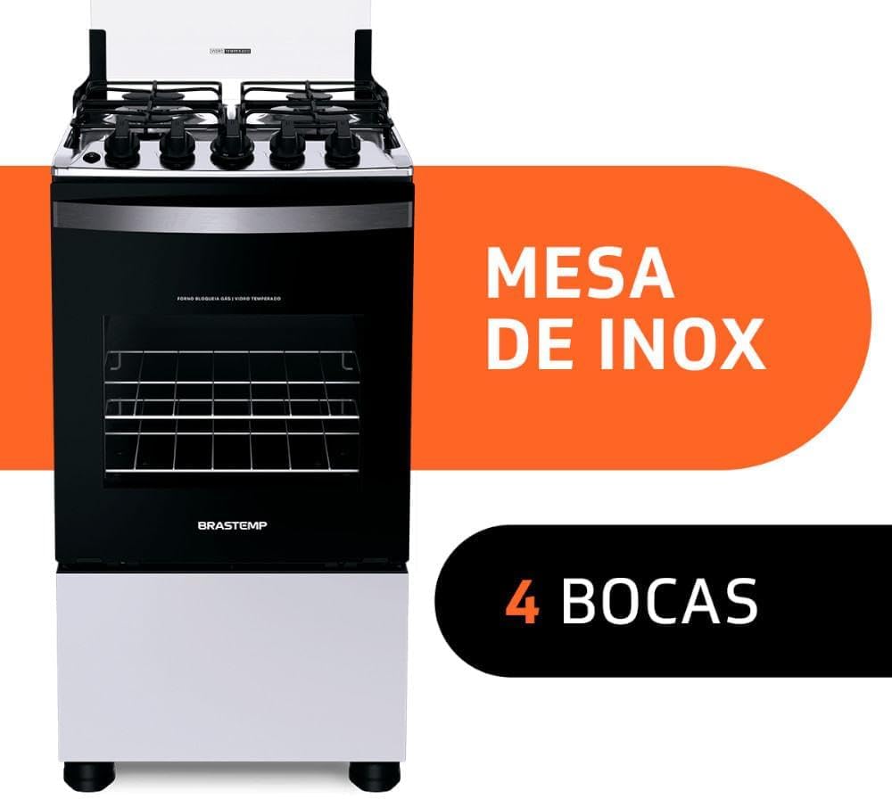Fogão Brastemp 4 bocas branco com mesa de inox e texto promocional.
