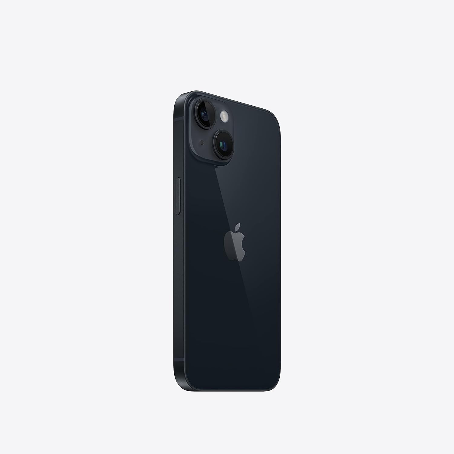 iPhone 14 na cor meia-noite, ângulo traseiro diagonal destacando câmeras e logo Apple.