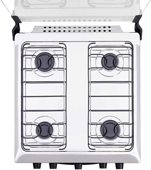 Visão de cima do fogão inox 4 bocas com tampa de vidro aberta, grades e queimadores visíveis.
