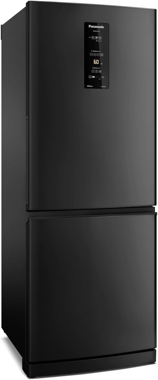 Geladeira Panasonic BB64 Black Inox frost free 460L vista lateral com painel digital